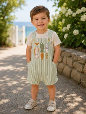 NWT Baby Essentials 2 Piece Baby Boy Romper Set | Embroidered Fish Striped